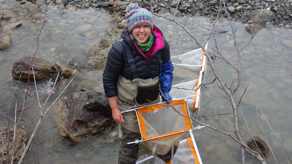 Kate Mathers on a field trip - wearing waders and knee deep in a stream